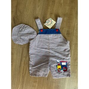 Small Steps Newborns Baby Boy Train Romper and Hat Set Gingham Red Blue 6-9M NWT